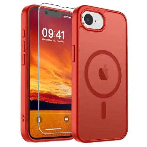 SUPFINE Magnetic for iPhone 16e Case 2025 (MagSafe bilan mos)(Harbiy darajadagi tushishdan himoya) Yupqa shaffof mat zarbga chidamli barmoq izlariga qarshi telefon gʻilofi, qizil 