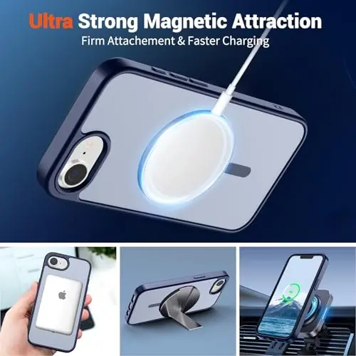 SUPFINE Magnetic for iPhone 16e Case 2025 (MagSafe bilan mos)(Harbiy darajadagi tushishdan himoya) Yupqa yarim shaffof mato zarbga chidamli barmoq izlariga qarshi telefon qutisi, to'q ko'k - 4