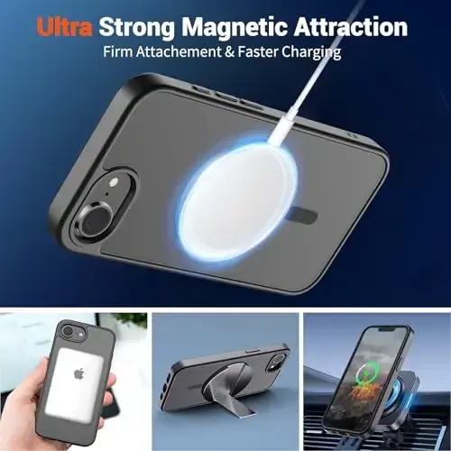 SUPFINE Magnetic for iPhone 16e Case (MagSafe bilan mos)(Harbiy darajadagi tushishdan himoya) Yengil yarim shaffof mato zarbga chidamli barmoq izlariga qarshi telefon qopqog'i 2025, Qora - 5