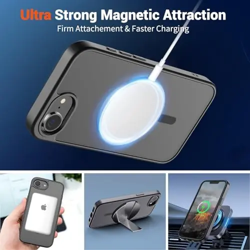 SUPFINE Magnetic for iPhone 16e Case (MagSafe bilan mos)(Harbiy darajadagi tushishdan himoya) Yengil yarim shaffof mato zarbga chidamli barmoq izlariga qarshi telefon qopqog'i 2025, Qora - 4