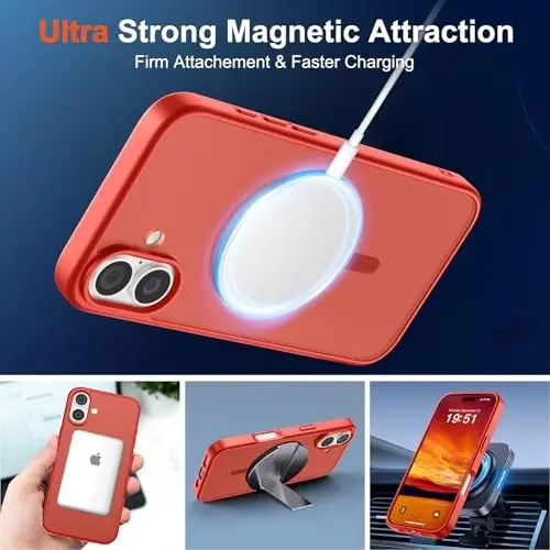 SUPFINE Magnetic for iPhone 17 Case (MagSafe bilan mos) (Harbiy darajadagi tushishdan himoya) Yarim shaffof mat zarbga chidamli, barmoq izlariga qarshi telefon qopqog'i 2025, Qizil - 5