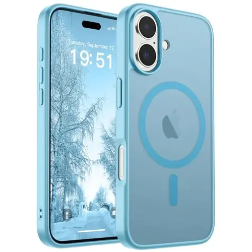 SUPFINE Magnetic for iPhone 17 Case (MagSafe bilan mos) (Harbiy darajadagi tushishdan himoya) Yarim shaffof matli zarbga chidamli barmoq izlariga qarshi telefon qopqog'i 2025, och ko'k 