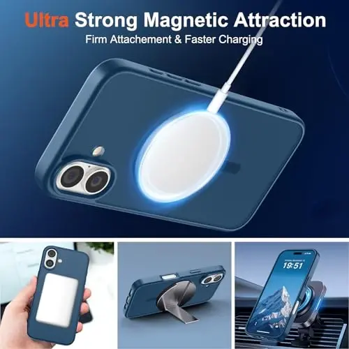SUPFINE Magnetic for iPhone 17 Case (MagSafe bilan mos)(Harbiy darajadagi tushishdan himoya) Translusent matli zarbga chidamli barmoq izlariga qarshi telefon qopqog'i 2025, To'q ko'k - 4
