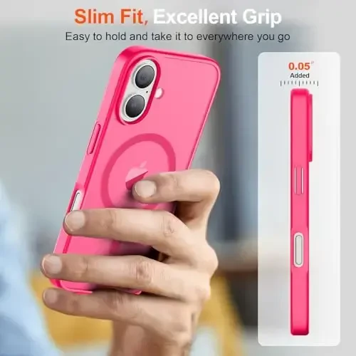 SUPFINE Magnetic for iPhone 17 Case (MagSafe bilan mos)(Harbiy darajadagi tushishdan himoya) Yarim shaffof mato zarbga chidamli, barmoq izlariga qarshi telefon qopqog'i 2025, Hot Pink - 7