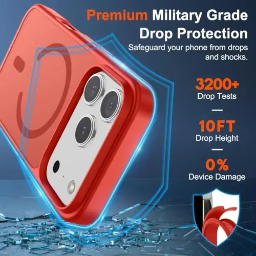 SUPFINE Magnetic for iPhone 17 Pro Case (Compatible with MagSafe)(Military Grade Drop Protection) Translucent Matte Shockproof with Anti-Fingerprint Phone Cover 2025,Red - 2