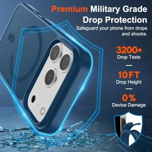 SUPFINE Magnetic for iPhone 17 Pro Case (MagSafe bilan mos keladi)(Harbiy darajadagi tushishdan himoya) Shaffof mat zarbga chidamli barmoq iziga qarshi telefon g'ilofi, To'q ko'k - 2