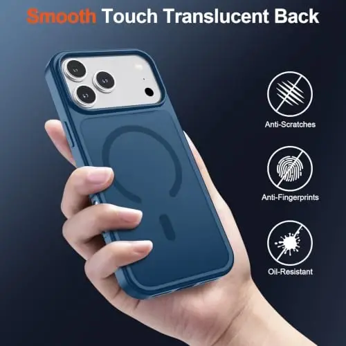 SUPFINE Magnetic for iPhone 17 Pro Case (MagSafe bilan mos keladi)(Harbiy darajadagi tushishdan himoya) Shaffof mat zarbga chidamli barmoq iziga qarshi telefon g'ilofi, To'q ko'k - 5