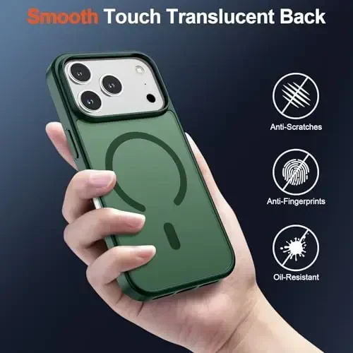 SUPFINE Magnetic for iPhone 17 Pro Case (MagSafe bilan mos keladi)(Harbiy darajadagi tushishdan himoya) Yarim shaffof mat zarba o'tkazmaydigan barmoq izlariga qarshi telefon qopqog'i 2025, o'rmon yashil - 6