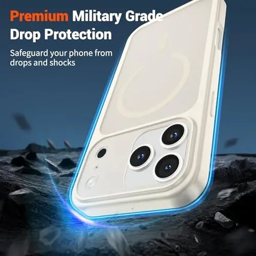 SUPFINE Magnetic for iPhone 17 Pro Case (MagSafe bilan mos keladi)(Harbiy darajadagi tushishdan himoya)(Kamera himoyasi) Shaffof Mat zarbaga chidamli telefon g‘ilofi 2025, Antik Oq - 3