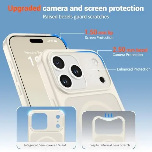 SUPFINE Magnetic for iPhone 17 Pro Case (MagSafe bilan mos keladi)(Harbiy darajadagi tushishdan himoya)(Kamera himoyasi) Shaffof Mat zarbaga chidamli telefon g‘ilofi 2025, Antik Oq - 6