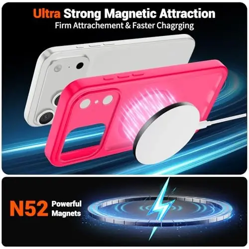 SUPFINE Magnetic for iPhone 17 Pro Case (MagSafe bilan mos keladi)(Harbiy darajadagi tushishdan himoya)(Kamera himoyasi) Shaffof Mat zarbga chidamli telefon g'ilofi, To'q pushti - 5