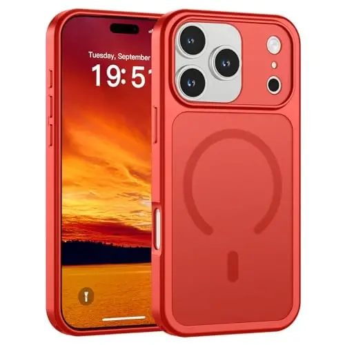 SUPFINE Magnetic for iPhone 17 Pro Case (MagSafe bilan mos keladi)(Harbiy darajadagi tushishdan himoya)(Kamera himoyasi) Yarim shaffof mat zarbaga chidamli telefon g‘ilofi, Qizil 
