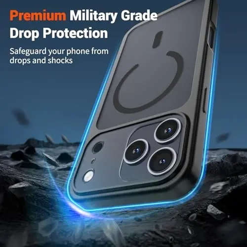 SUPFINE Magnetic for iPhone 17 Pro Case (MagSafe bilan mos keladi)(Harbiy darajadagi tushishdan himoya)(Kamera himoyasi) Yarim shaffof mat zarbga chidamli telefon g‘ilofi 2025, Qora - 3