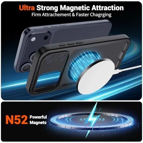 SUPFINE Magnetic for iPhone 17 Pro Case (MagSafe bilan mos keladi)(Harbiy darajadagi tushishdan himoya)(Kamera himoyasi) Yarim shaffof mat zarbga chidamli telefon g‘ilofi 2025, Qora - 5