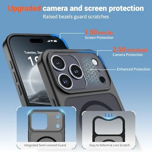 SUPFINE Magnetic for iPhone 17 Pro Case (MagSafe bilan mos keladi)(Harbiy darajadagi tushishdan himoya)(Kamera himoyasi) Yarim shaffof mat zarbga chidamli telefon g‘ilofi 2025, Qora - 6