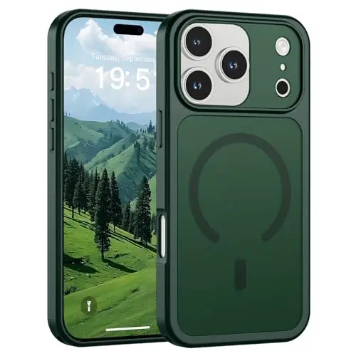 SUPFINE Magnetic for iPhone 17 Pro Case (MagSafe bilan mos keladi)(Harbiy darajadagi tushishdan himoya)(Kamera himoyasi) Yarim shaffof mat zarbga chidamli telefon g'ilofi, O'rmon yashili - 1