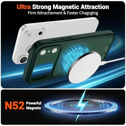 SUPFINE Magnetic for iPhone 17 Pro Case (MagSafe bilan mos keladi)(Harbiy darajadagi tushishdan himoya)(Kamera himoyasi) Yarim shaffof mat zarbga chidamli telefon g'ilofi, O'rmon yashili - 5