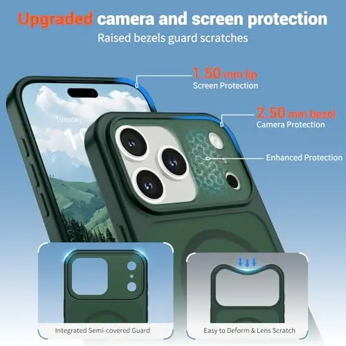 SUPFINE Magnetic for iPhone 17 Pro Case (MagSafe bilan mos keladi)(Harbiy darajadagi tushishdan himoya)(Kamera himoyasi) Yarim shaffof mat zarbga chidamli telefon g'ilofi, O'rmon yashili - 6