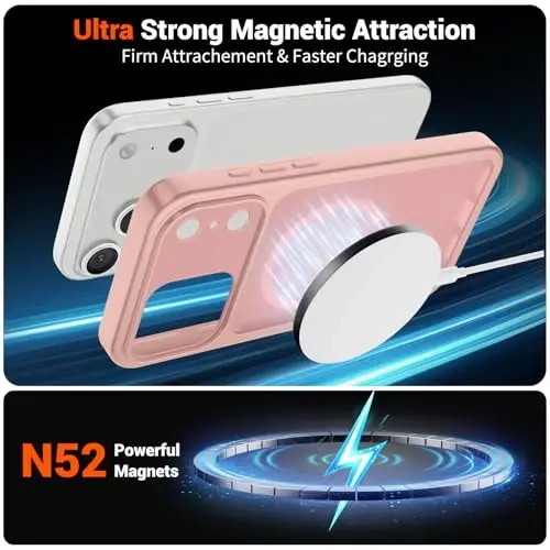 SUPFINE Magnetic for iPhone 17 Pro Case (MagSafe bilan mos keladi)(Harbiy darajadagi tushishdan himoya)(Kamera himoyasi) Yarim shaffof mat zarbga chidamli telefon g‘ilofi, Pushti - 5