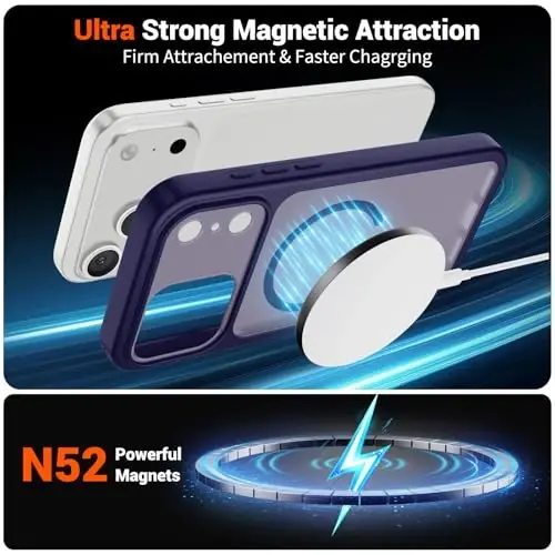 SUPFINE Magnetic for iPhone 17 Pro Case (MagSafe bilan mos keladi)(Harbiy darajadagi tushishdan himoya)(Kamera himoyasi) Yarim shaffof mat zarbga chidamli telefon g‘ilofi, To‘q binafsha - 5