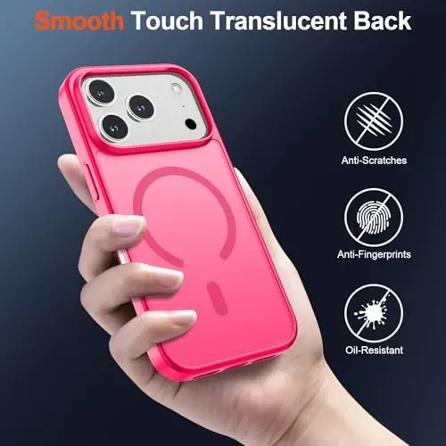 SUPFINE Magnetic for iPhone 17 Pro Case (MagSafe bilan mos)(Harbiy darajadagi tushishdan himoya) Yarim shaffof mat zarbga chidamli, barmoq izlariga qarshi telefon qopqog'i 2025, Hot Pink - 6