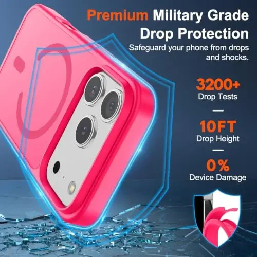 SUPFINE Magnetic for iPhone 17 Pro Case (MagSafe bilan mos)(Harbiy darajadagi tushishdan himoya) Yarim shaffof mat zarbga chidamli, barmoq izlariga qarshi telefon qopqog'i 2025, Hot Pink - 2