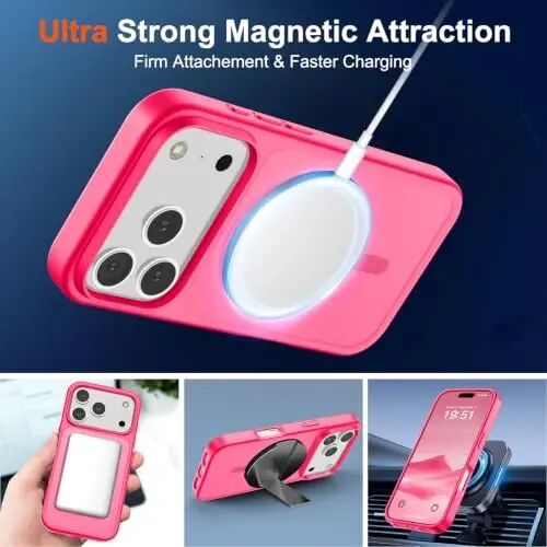 SUPFINE Magnetic for iPhone 17 Pro Case (MagSafe bilan mos)(Harbiy darajadagi tushishdan himoya) Yarim shaffof mat zarbga chidamli, barmoq izlariga qarshi telefon qopqog'i 2025, Hot Pink - 4