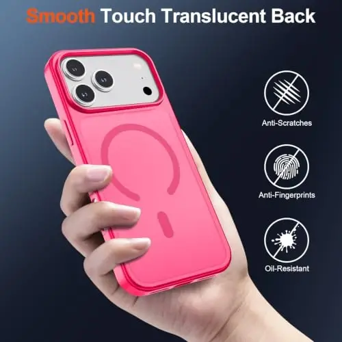 SUPFINE Magnetic for iPhone 17 Pro Case (MagSafe bilan mos)(Harbiy darajadagi tushishdan himoya) Yarim shaffof mat zarbga chidamli, barmoq izlariga qarshi telefon qopqog'i 2025, Hot Pink - 5