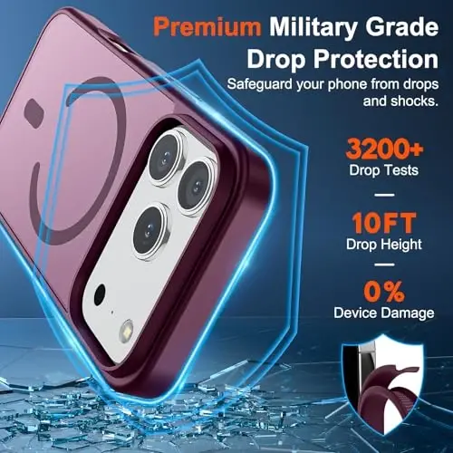 SUPFINE Magnetic for iPhone 17 Pro Case (MagSafe bilan mos)(Harbiy darajadagi tushishdan himoya) Yarim shaffof mat zarbga chidamli barmoq izlariga qarshi telefon qopqog'i 2025, to'q qizil - 3