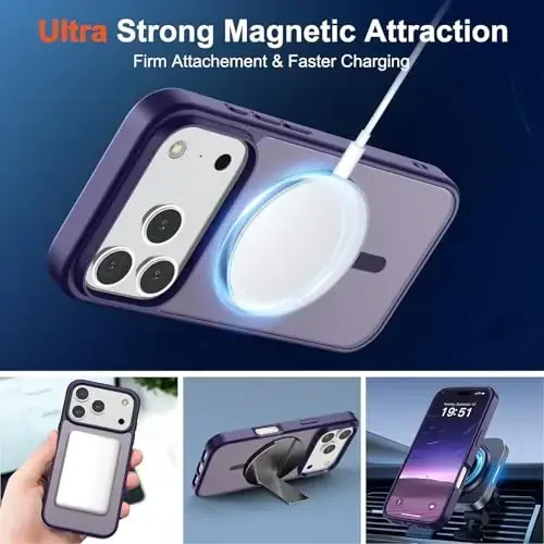SUPFINE Magnetic for iPhone 17 Pro Case (MagSafe bilan mos)(Harbiy darajadagi tushishdan himoya) Yarim shaffof mato zarbga chidamli, barmoq izlariga qarshi telefon qopqog'i 2025, To'q binafsha - 5