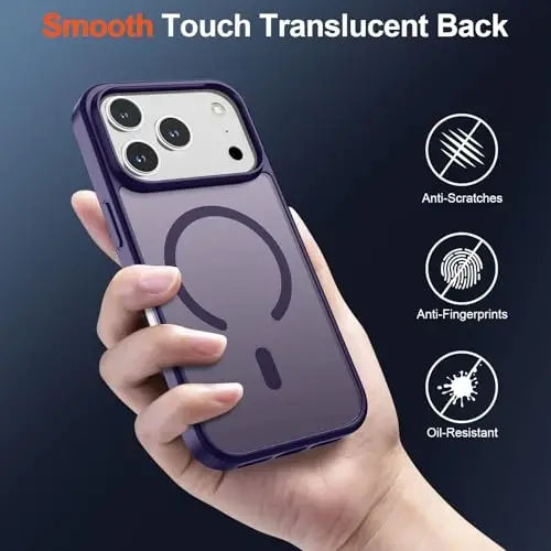 SUPFINE Magnetic for iPhone 17 Pro Case (MagSafe bilan mos)(Harbiy darajadagi tushishdan himoya) Yarim shaffof mato zarbga chidamli, barmoq izlariga qarshi telefon qopqog'i 2025, To'q binafsha - 6