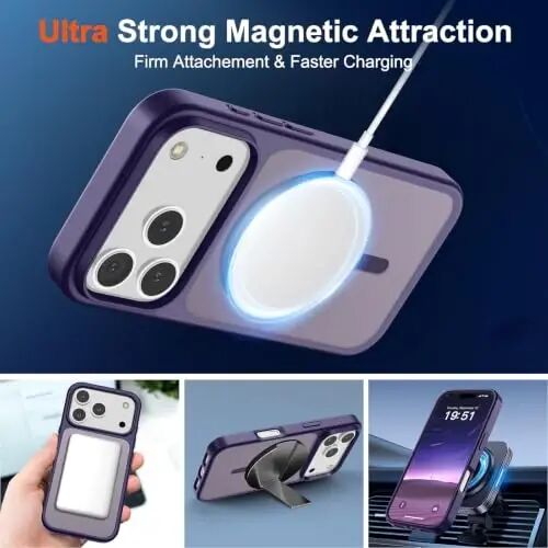 SUPFINE Magnetic for iPhone 17 Pro Case (MagSafe bilan mos)(Harbiy darajadagi tushishdan himoya) Yarim shaffof mato zarbga chidamli, barmoq izlariga qarshi telefon qopqog'i 2025, To'q binafsha - 4