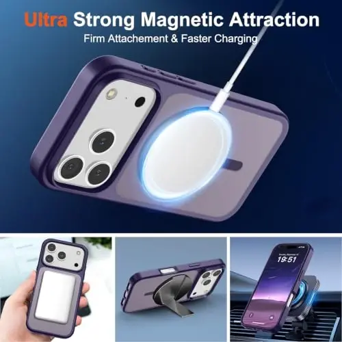 SUPFINE Magnetic for iPhone 17 Pro Case (MagSafe bilan mos)(Harbiy darajadagi tushishdan himoya) Yarim shaffof mato zarbga chidamli, barmoq izlariga qarshi telefon qopqog'i 2025, To'q binafsha - 4