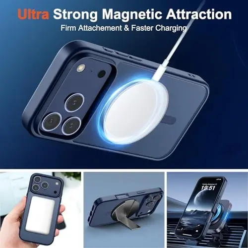 SUPFINE Magnetic for iPhone 17 Pro Case with Screen Protector (Compatible with MagSafe)(Military Grade Drop Protection) Translucent Matte Shockproof with Anti-Fingerprint Phone Cover,Dark Blue - 5