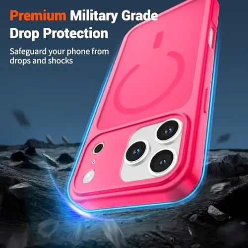 SUPFINE Magnetic for iPhone 17 Pro Max Case (Compatible with MagSafe)(Military Grade Drop Protection)(Camera Protection) Translucent Matte Shockproof Phone Cover,Hot Pink - 3