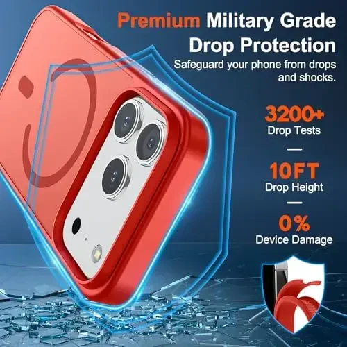 SUPFINE Magnetic for iPhone 17 Pro Max Case (MagSafe bilan mos keladi) (Harbiy darajadagi tushishdan himoya) Yarim shaffof mat zarba o'tkazmaydigan barmoq izlariga qarshi telefon qopqog'i 2025, Qizil - 3