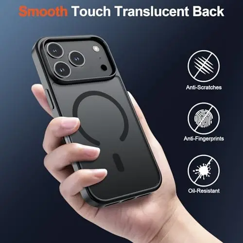 SUPFINE Magnetic for iPhone 17 Pro Max Case (MagSafe bilan mos keladi) (Harbiy darajadagi tushishdan himoya) Yarim shaffof mato zarbga chidamli barmoq izlariga qarshi telefon qopqog'i, qora - 6