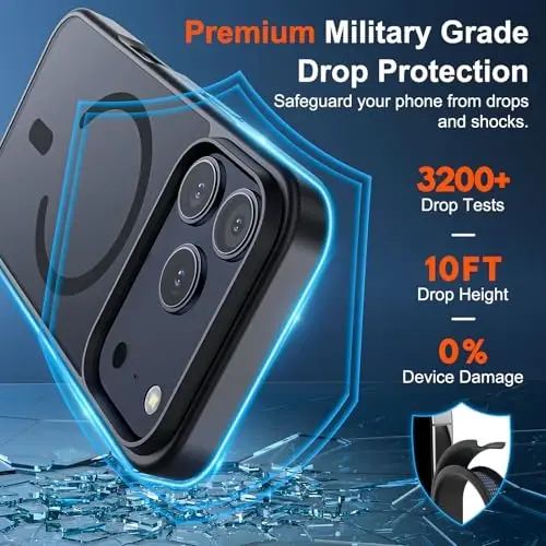 SUPFINE Magnetic for iPhone 17 Pro Max Case (MagSafe bilan mos keladi) (Harbiy darajadagi tushishdan himoya) Yarim shaffof mato zarbga chidamli barmoq izlariga qarshi telefon qopqog'i, qora - 3