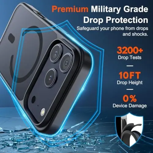 SUPFINE Magnetic for iPhone 17 Pro Max Case (MagSafe bilan mos keladi) (Harbiy darajadagi tushishdan himoya) Yarim shaffof mato zarbga chidamli barmoq izlariga qarshi telefon qopqog'i, qora - SUPFINE (1)