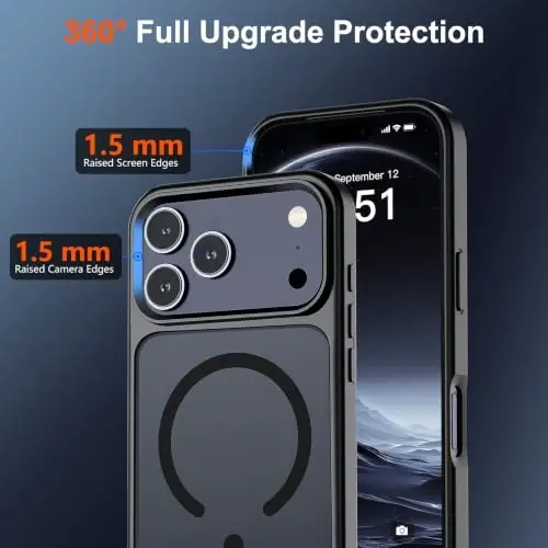 SUPFINE Magnetic for iPhone 17 Pro Max Case (MagSafe bilan mos keladi) (Harbiy darajadagi tushishdan himoya) Yarim shaffof mato zarbga chidamli barmoq izlariga qarshi telefon qopqog'i, qora - 3