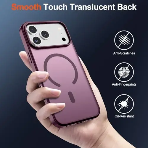 SUPFINE Magnetic for iPhone 17 Pro Max Case (MagSafe bilan mos keladi)(Harbiy darajadagi tushishdan himoya) Yarim shaffof matli zarbga chidamli barmoq izlariga qarshi telefon qopqog'i 2025, vino rangi - 6