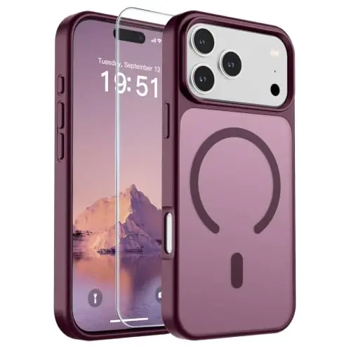 SUPFINE Magnetic for iPhone 17 Pro Max Case (MagSafe bilan mos keladi)(Harbiy darajadagi tushishdan himoya) Yarim shaffof matli zarbga chidamli barmoq izlariga qarshi telefon qopqog'i 2025, vino rangi - 1