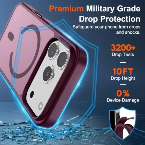 SUPFINE Magnetic for iPhone 17 Pro Max Case (MagSafe bilan mos keladi)(Harbiy darajadagi tushishdan himoya) Yarim shaffof matli zarbga chidamli barmoq izlariga qarshi telefon qopqog'i 2025, vino rangi - 2