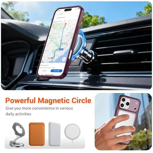 SUPFINE Magnetic for iPhone 17 Pro Max Case (MagSafe bilan mos keladi)(Harbiy darajadagi tushishdan himoya)(Kamera himoyasi) Shaffof Mat zarbaga chidamli telefon g‘ilofi, Sharob Qizili - 4
