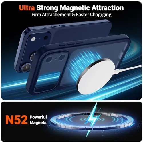 SUPFINE Magnetic for iPhone 17 Pro Max Case (MagSafe bilan mos keladi)(Harbiy darajadagi tushishdan himoya)(Kamera himoyasi) Shaffof Mat zarbaga chidamli telefon g‘ilofi, To‘q Ko‘k - 5