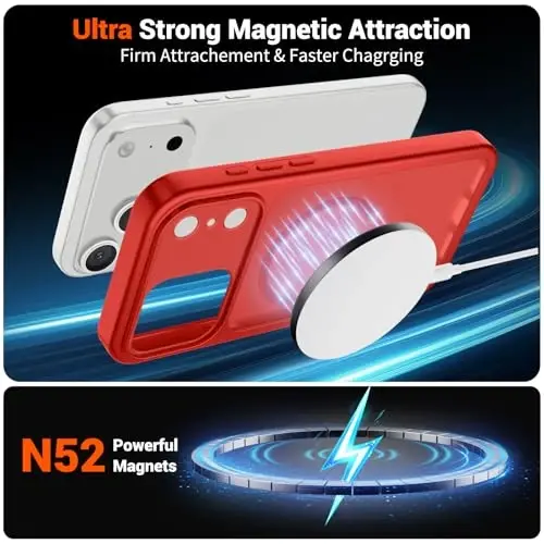 SUPFINE Magnetic for iPhone 17 Pro Max Case (MagSafe bilan mos keladi)(Harbiy darajadagi tushishdan himoya)(Kamera himoyasi) Yarim shaffof mat zarbga chidamli telefon g'ilofi, Qizil - 5