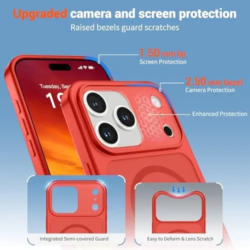 SUPFINE Magnetic for iPhone 17 Pro Max Case (MagSafe bilan mos keladi)(Harbiy darajadagi tushishdan himoya)(Kamera himoyasi) Yarim shaffof mat zarbga chidamli telefon g'ilofi, Qizil - 6