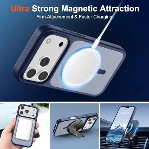 SUPFINE Magnetic for iPhone 17 Pro Max Case (MagSafe bilan mos)(Harbiy darajadagi tushishdan himoya) Yarim shaffof mat, barmoq izlariga qarshi telefon qopqog'i 2025, to'q ko'k - 4