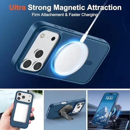 SUPFINE Magnetic for iPhone 17 Pro Max Case (MagSafe bilan mos)(Harbiy darajadagi tushishdan himoya) Yarim shaffof mat Shokga chidamli, barmoq izlariga qarshi telefon qopqog'i 2025, To'q ko'k - 4