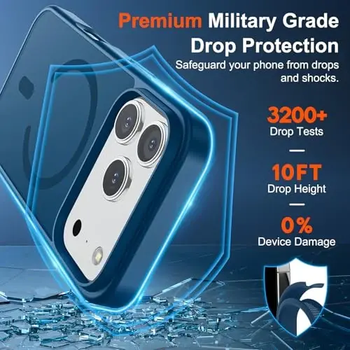 SUPFINE Magnetic for iPhone 17 Pro Max Case (MagSafe bilan mos)(Harbiy darajadagi tushishdan himoya) Yarim shaffof mat Shokga chidamli, barmoq izlariga qarshi telefon qopqog'i 2025, To'q ko'k 